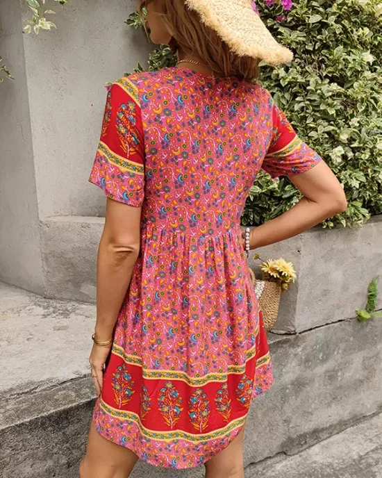 Casual A-Line Floral Printed Round-Neck Dress