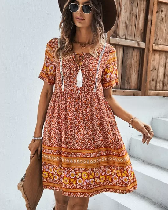 Casual A-Line Floral Printed Round-Neck Dress