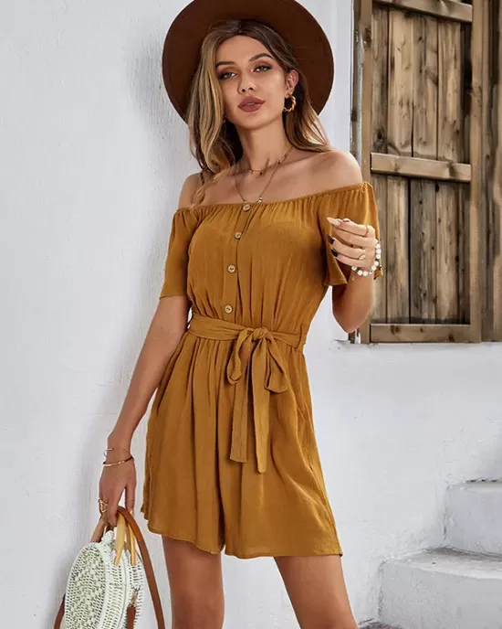 Casual Buckle Loose Solid Color One-Shoulder Jumpsuit