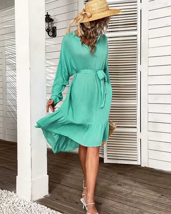 Vacation Loose Solid Color V-Neck Dress