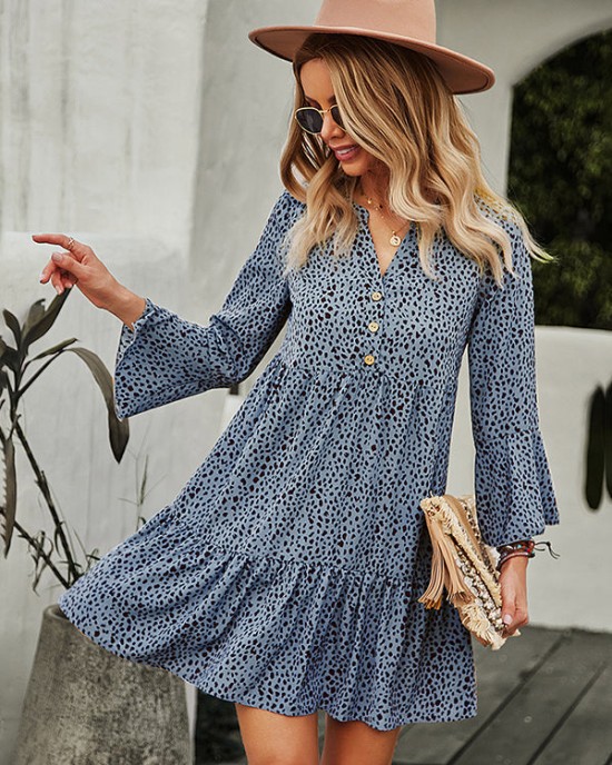 V-Neck Polka Dot Long Flare Sleeves Mini Dress