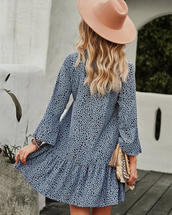 V-Neck Polka Dot Long Flare Sleeves Mini Dress