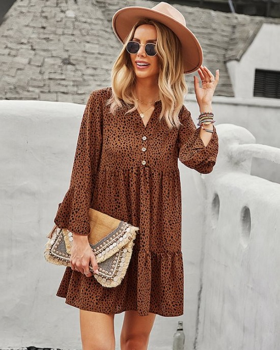 V-Neck Polka Dot Long Flare Sleeves Mini Dress