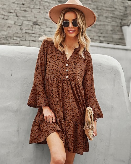 V-Neck Polka Dot Long Flare Sleeves Mini Dress