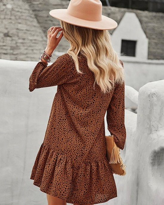 V-Neck Polka Dot Long Flare Sleeves Mini Dress