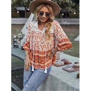 Peter Pan Neckline Bohemian Floral Blouse