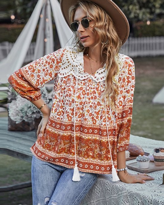 Peter Pan Neckline Bohemian Floral Blouse Peter Pan Neckline Bohemian Floral Blouse