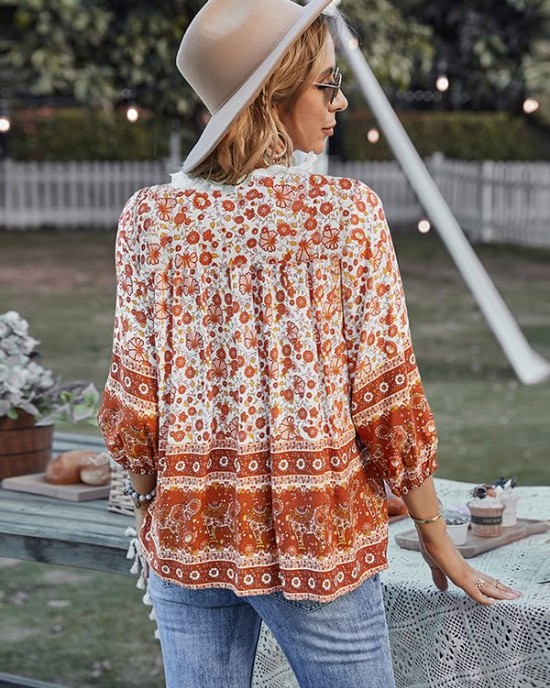 Peter Pan Neckline Bohemian Floral Blouse Peter Pan Neckline Bohemian Floral Blouse