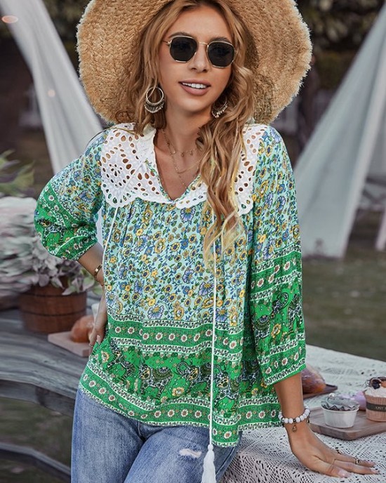 Peter Pan Neckline Bohemian Floral Blouse Peter Pan Neckline Bohemian Floral Blouse