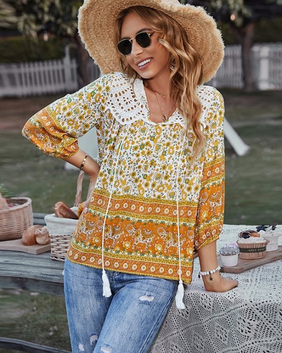 Peter Pan Neckline Bohemian Floral Blouse Peter Pan Neckline Bohemian Floral Blouse