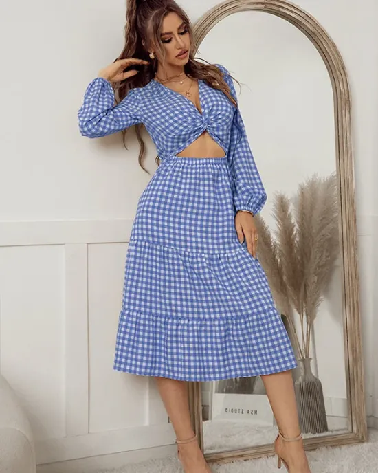 Vacation A-Line Plaid Hollow Midi Dresses