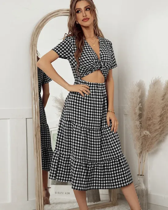 Vacation A-Line Plaid Hollow Midi Dresses