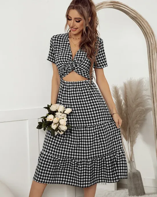 Vacation A-Line Plaid Hollow Midi Dresses