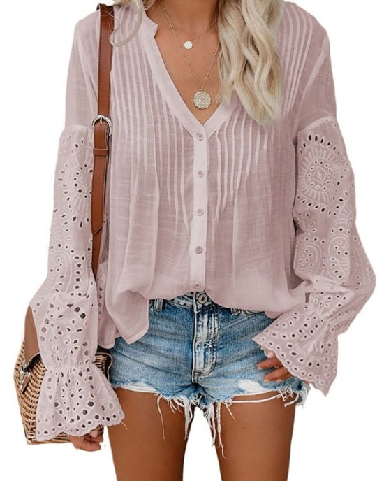 Button Lace Flare Blouse