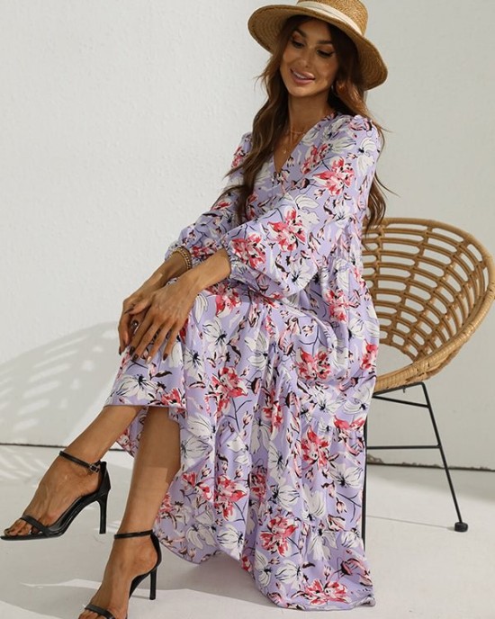 V-Neck Long Sleeve Maxi Dress