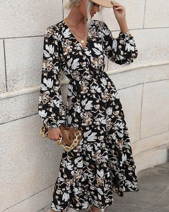 V-Neck Long Sleeve Maxi Dress