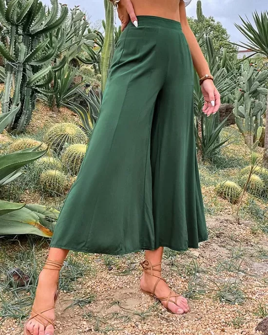 Casual High Waisted Wide Leg Solid Color  Pants