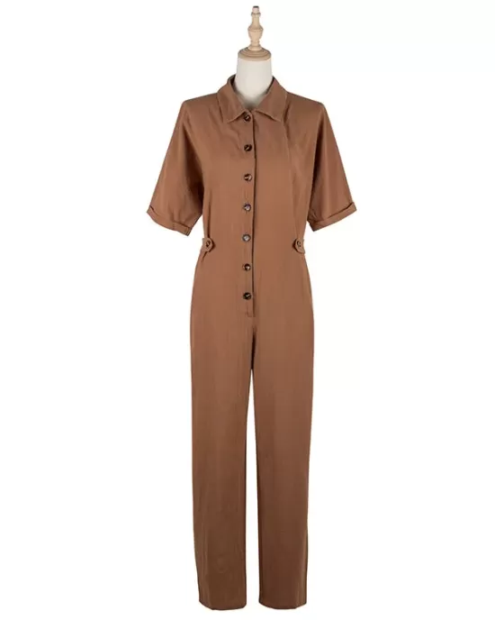 Casual Buckle Solid Color Polo Jumpsuit