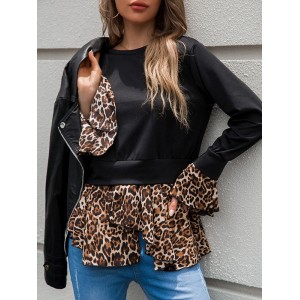 Casual Loose Leopard Patchwork Round-Neck T-Shirt