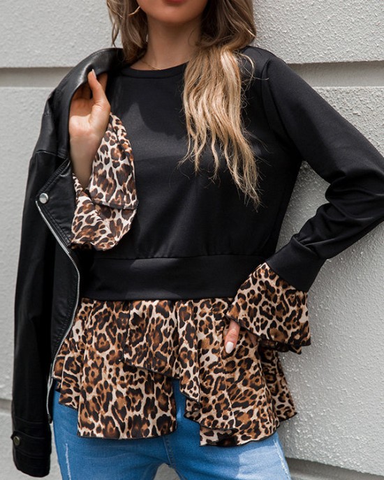 Casual Loose Leopard Patchwork Round-Neck T-Shirt