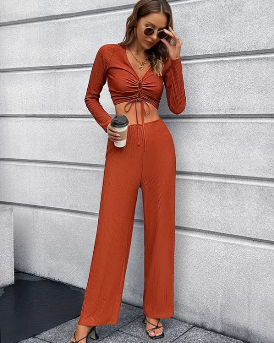 Casual High Waisted Solid Color V-Neck Two Pieces Set