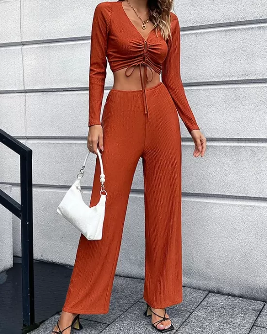 Casual High Waisted Solid Color V-Neck Two Pieces Set