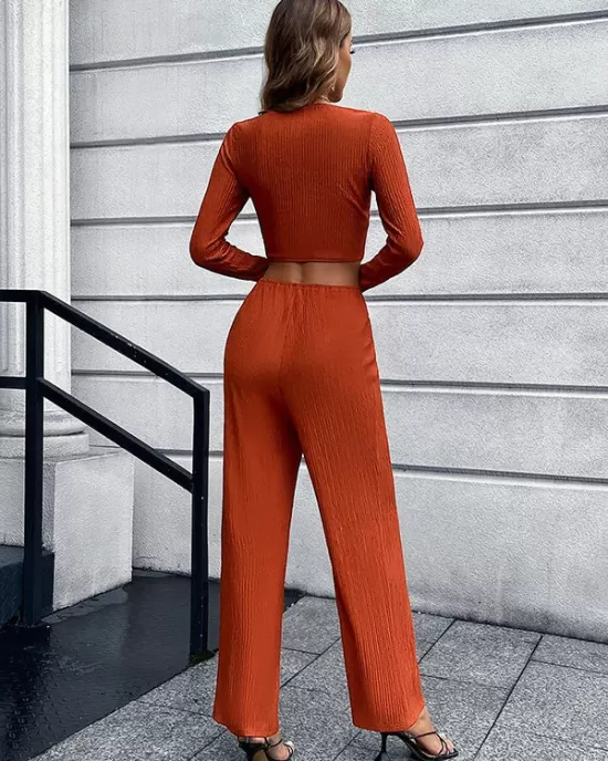 Casual High Waisted Solid Color V-Neck Two Pieces Set