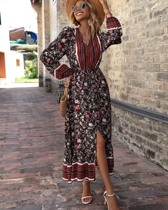 Bohemia Puff Sleeves Floral Printed V-Neck Dress