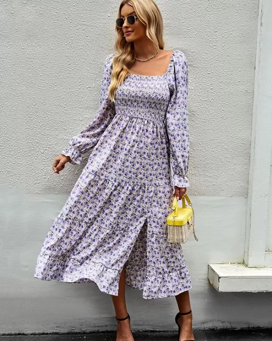 Bohemia Long Sleeves Floral Printed U-Neck Dress