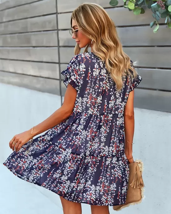 Bohemia Flared Sleeves Floral V-Neck Dress