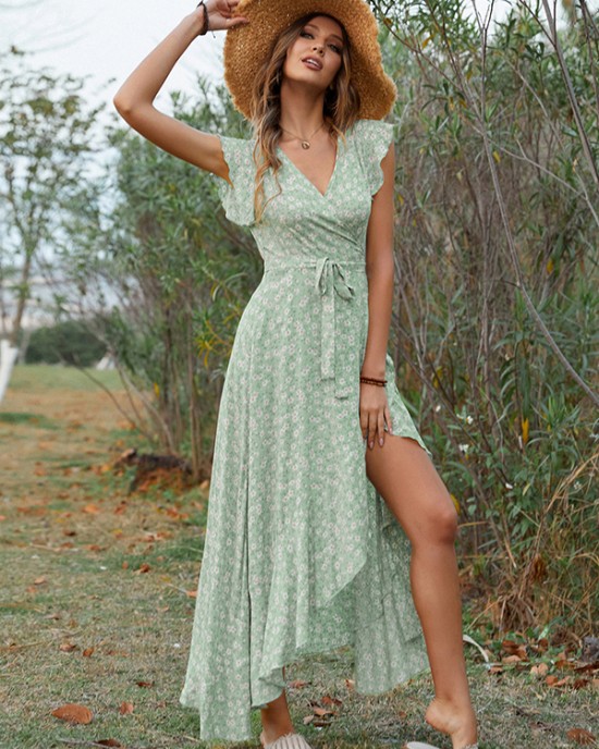 Vacation Irregularity Floral V-Neck Dress