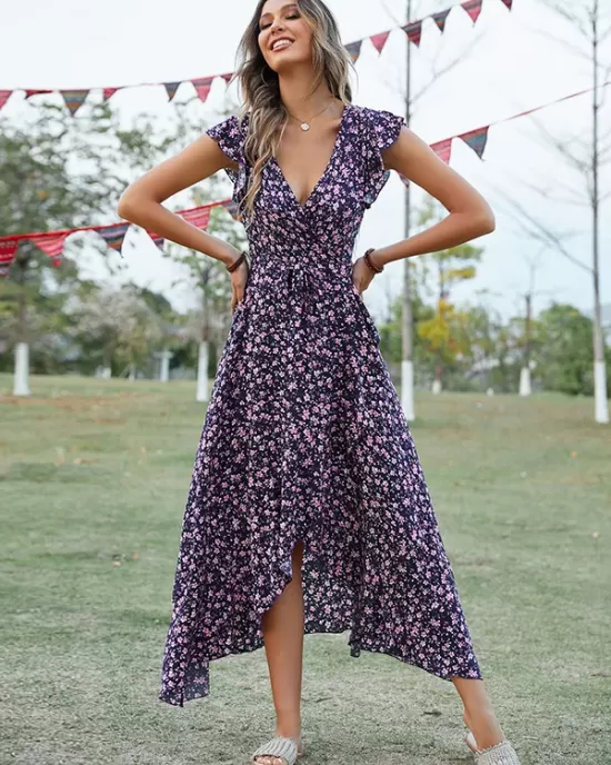 Vacation Irregularity Floral V-Neck Dress