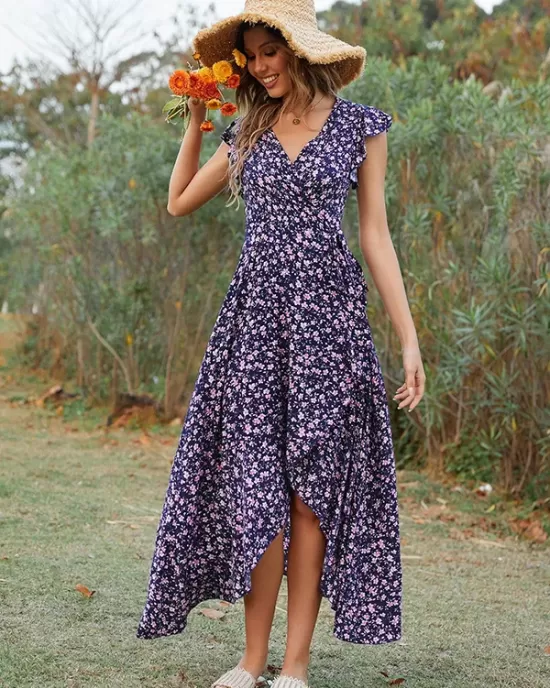 Vacation Irregularity Floral V-Neck Dress