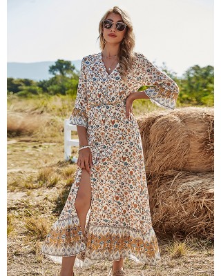 Vacation Flared Sleeves Buckle V-Neck Maxi Dress