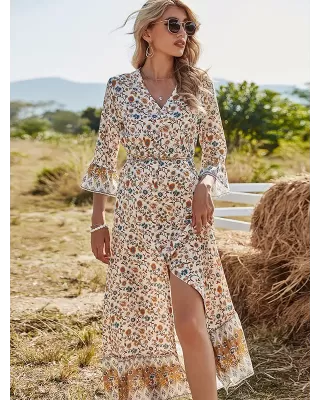 Vacation Flared Sleeves Buckle V-Neck Maxi Dress