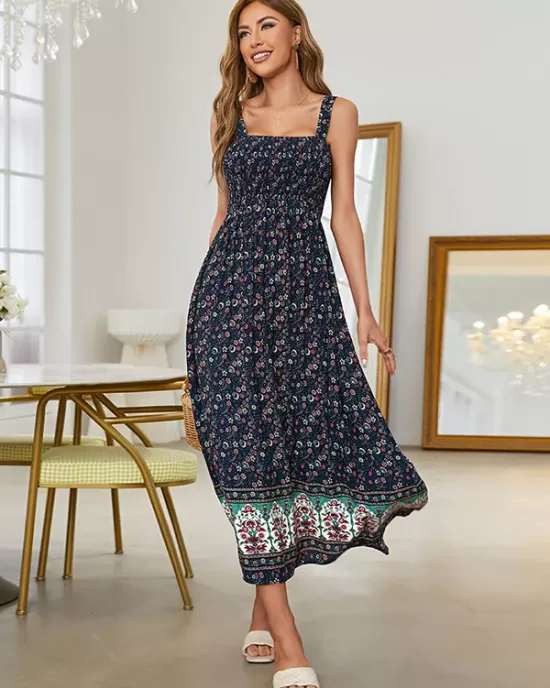 Vacation Sleeveless Floral U-Neck Dress