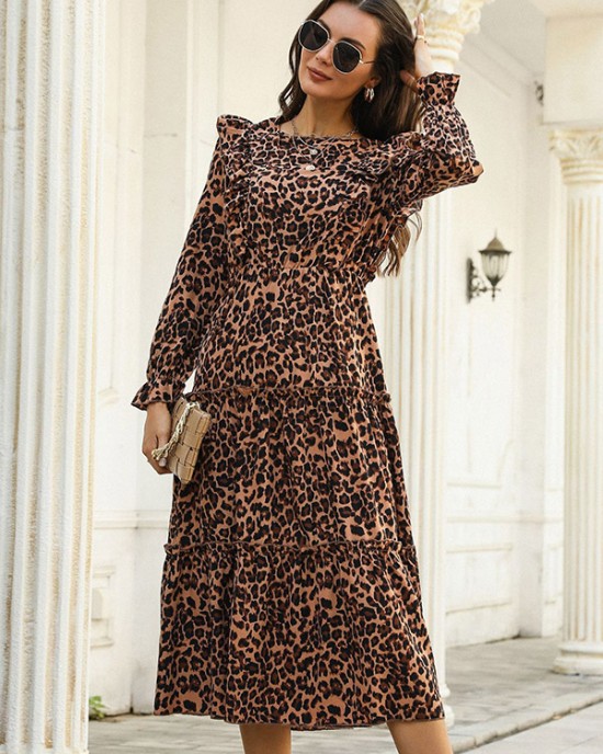 Bohemia Loose Leopard Round-Neck Dress