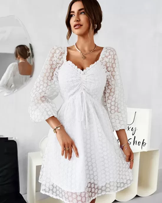 Vacation Puff Sleeves A-Line Solid V-Neck Dress