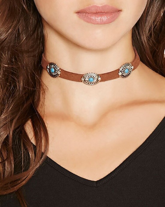 Bohemian Retro Simple Metal Flower Plate Turquoise Neck Chain Collar