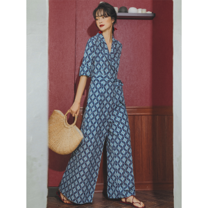 Vacation Loose Floral Printed Lapel Collar Jumpsuit