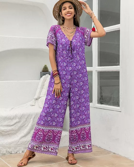 Bohemia Half Sleeves Loose Floral Printed V-Neck Jumpsuit