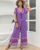 Bohemia Half Sleeves Loose Floral Printed V-Neck Jumpsuit