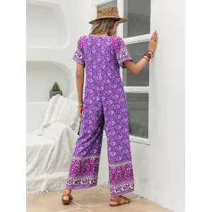 Bohemia Half Sleeves Loose Floral Printed V-Neck Jumpsuit