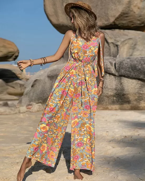 Bohemia Loose Sleeveless Floral Printed V-Neck Jumpsuit