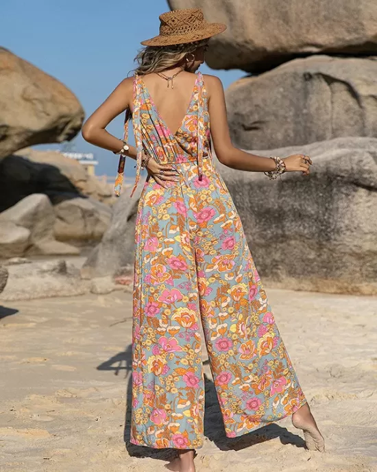 Bohemia Loose Sleeveless Floral Printed V-Neck Jumpsuit