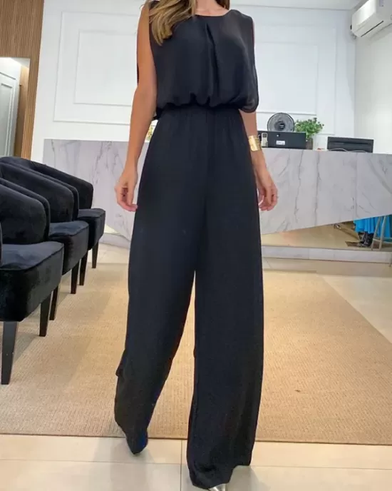 Backless Hollow Solid Color High-Low Wide Leg Round-Neck Jumpsuits Bottoms