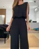 Backless Hollow Solid Color High-Low Wide Leg Round-Neck Jumpsuits Bottoms