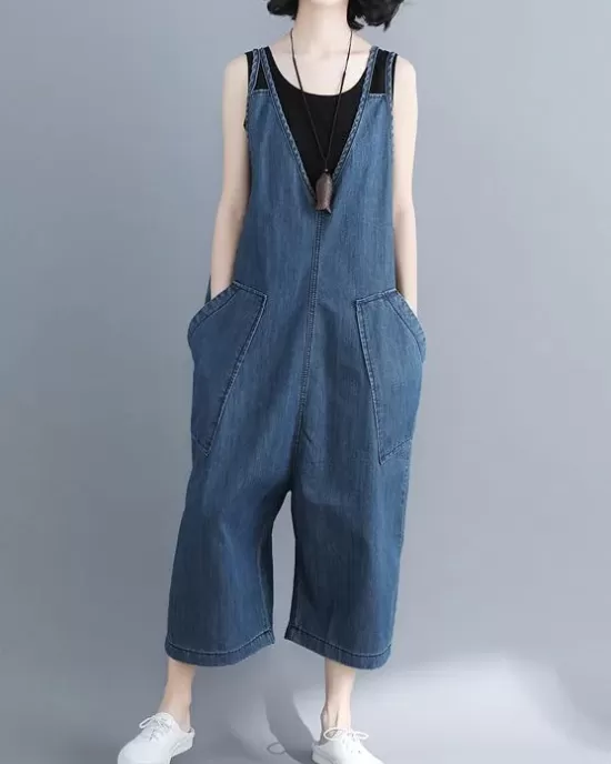 Comfortable V-neck Jeans Jumpsuit