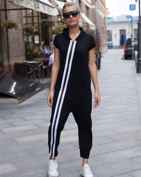 Fashion Stripes Zipper Hooded Jumpsuits