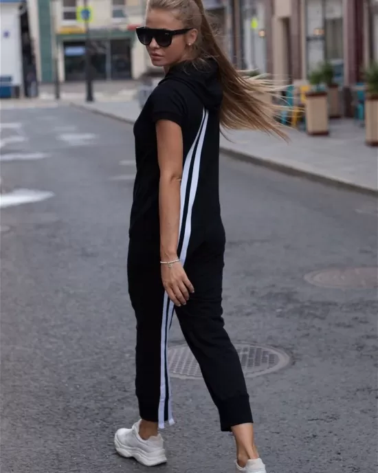 Fashion Stripes Zipper Hooded Jumpsuits